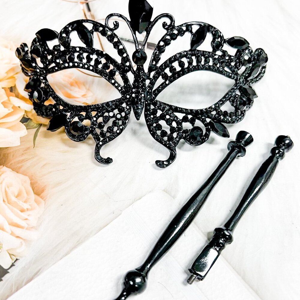 Butterfly Mask with Stick, Masquerade Ball Mask, Black Crystal Masquerade Mask - Picture 3 of 8